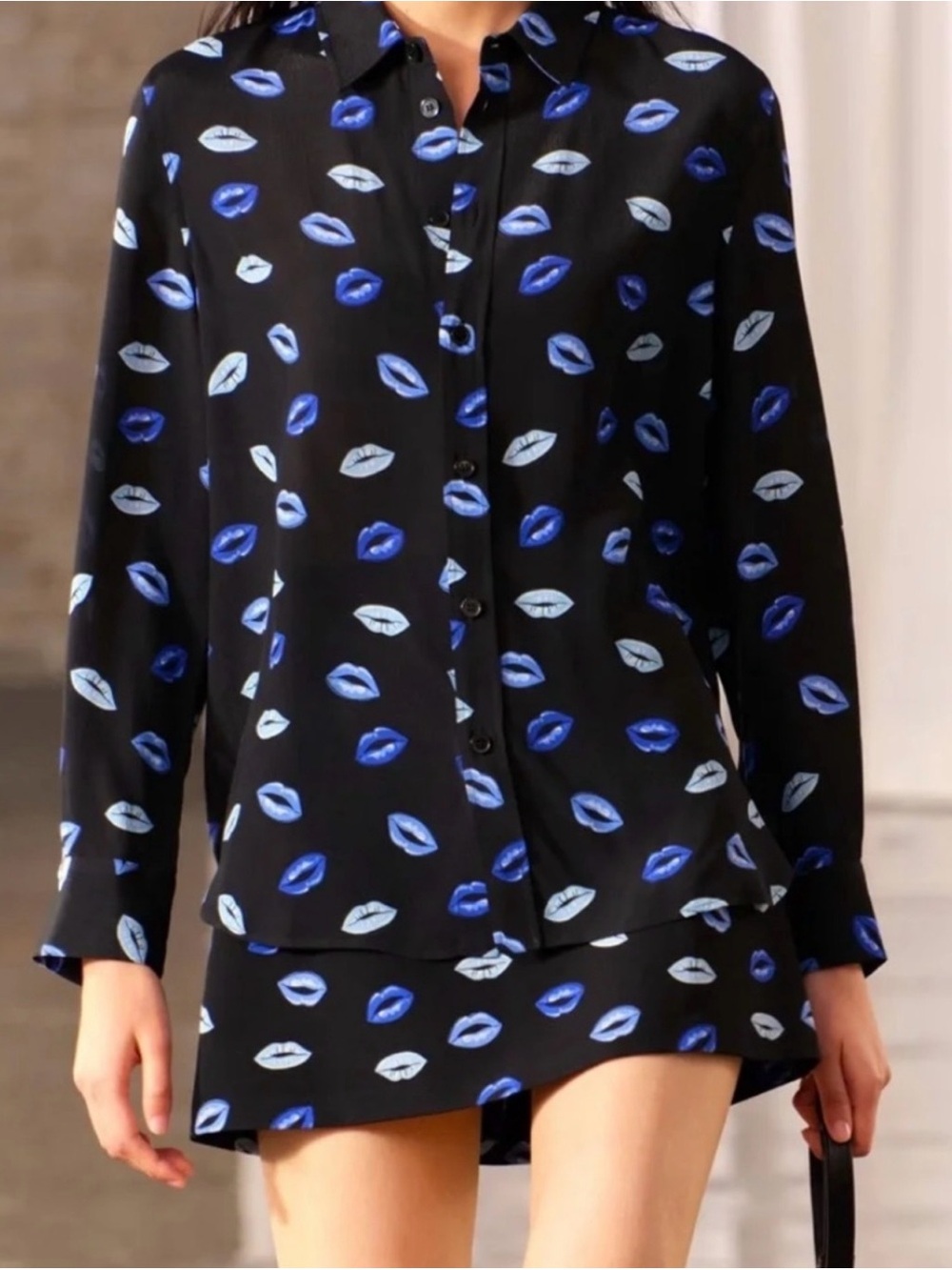 NWT Zara Viral 2pcs Set Blue Lips Shirt Sz M and Matching Skirt Size L